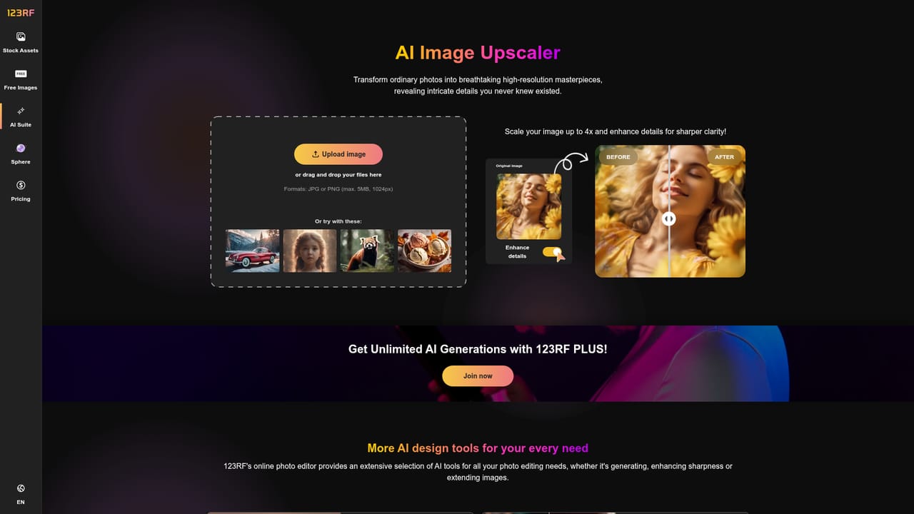 123RF — Pair with editing or upscaling tools