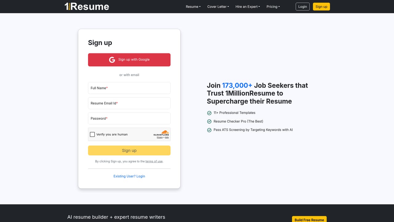 1MillionResume — Create an account and open the dashboard