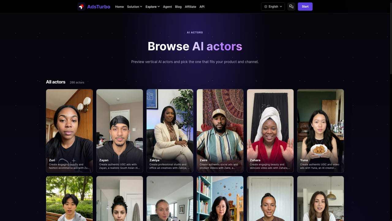 AdsTurbo — Pick an AI actor or video template