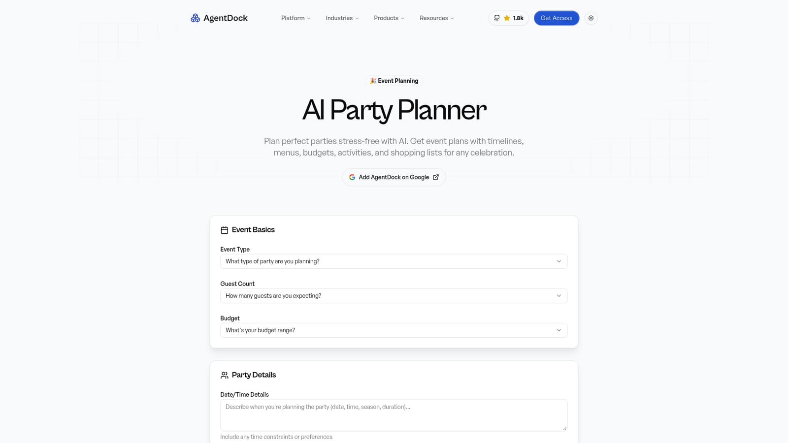 AgentDock — Open the AI Party Planner