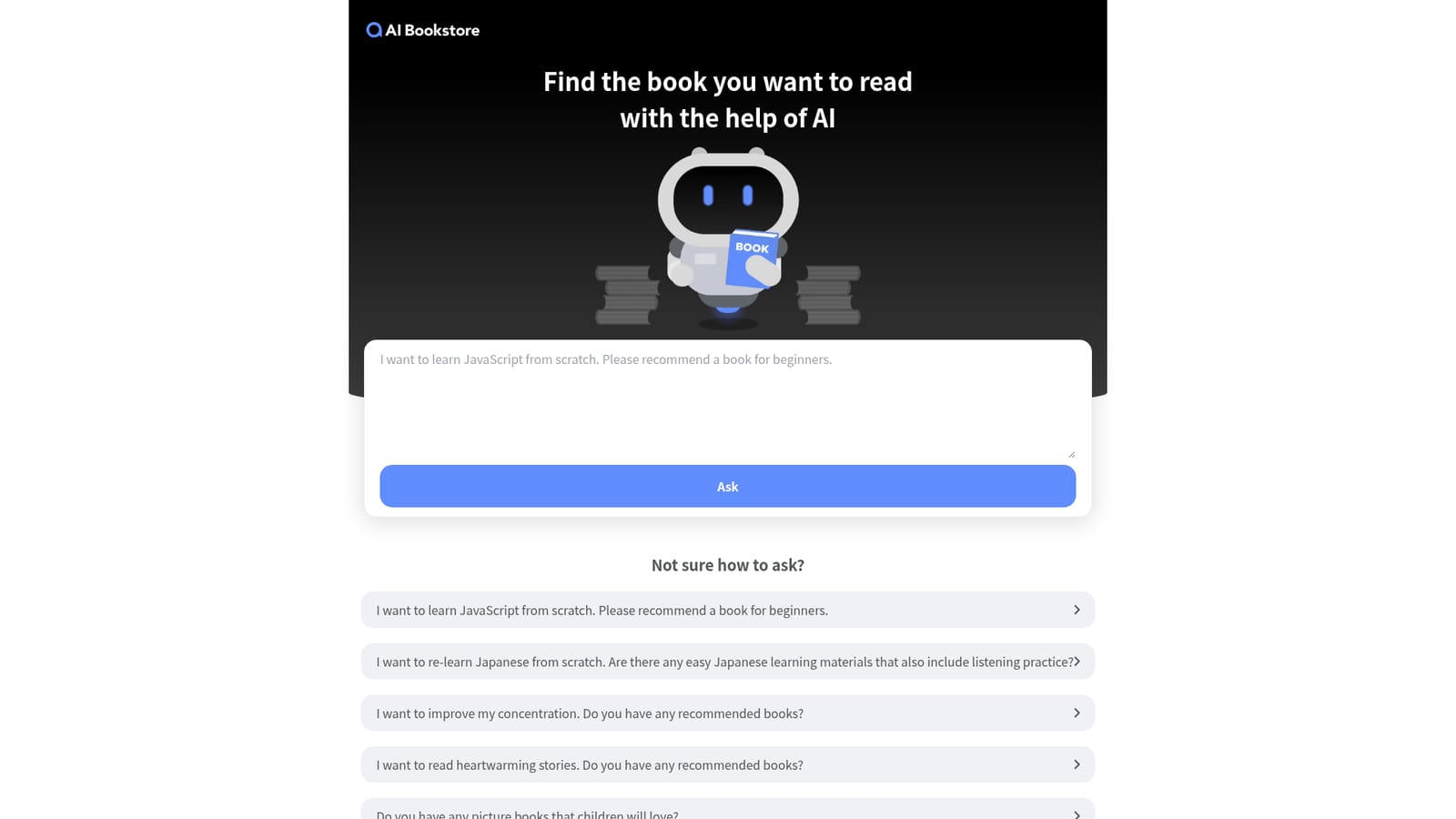 AI Bookstore — Open the site and find the ask box