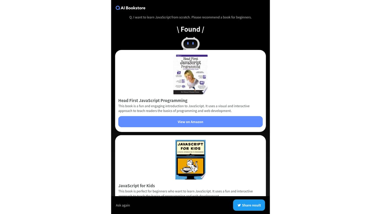 AI Bookstore — Open an example recommendation page