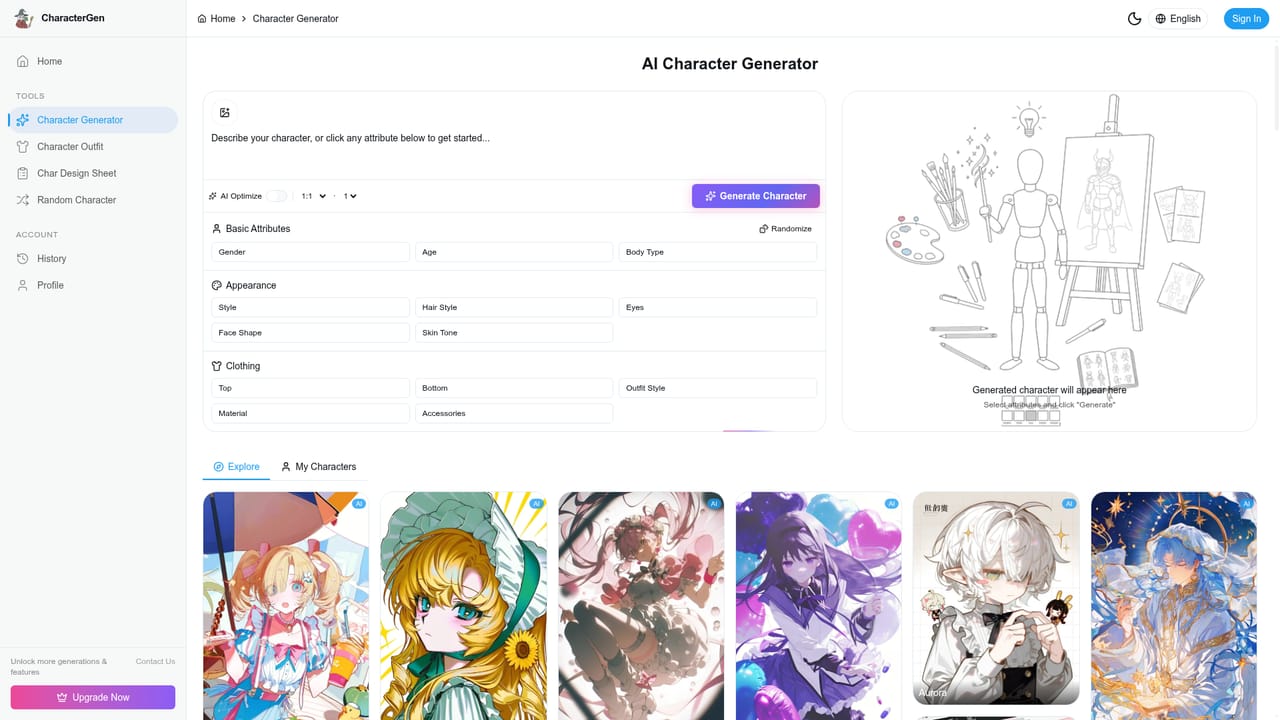 AI Character Generator — Open the character generator and choose an input method