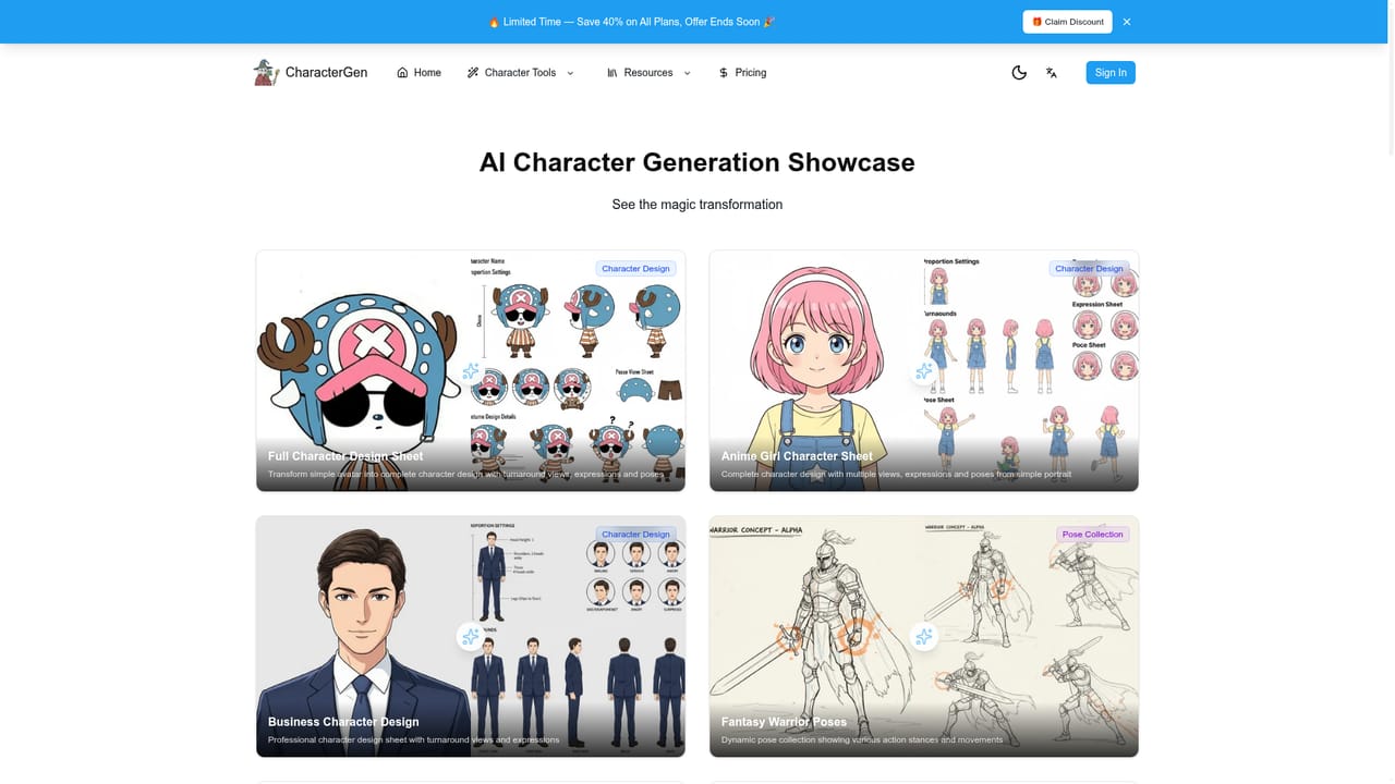 AI Character Generator — Review generated sheets against the showcases