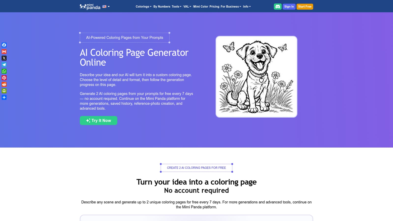 AI Coloring Page Generator Online by Mimi Panda — Open the generator and describe the scene