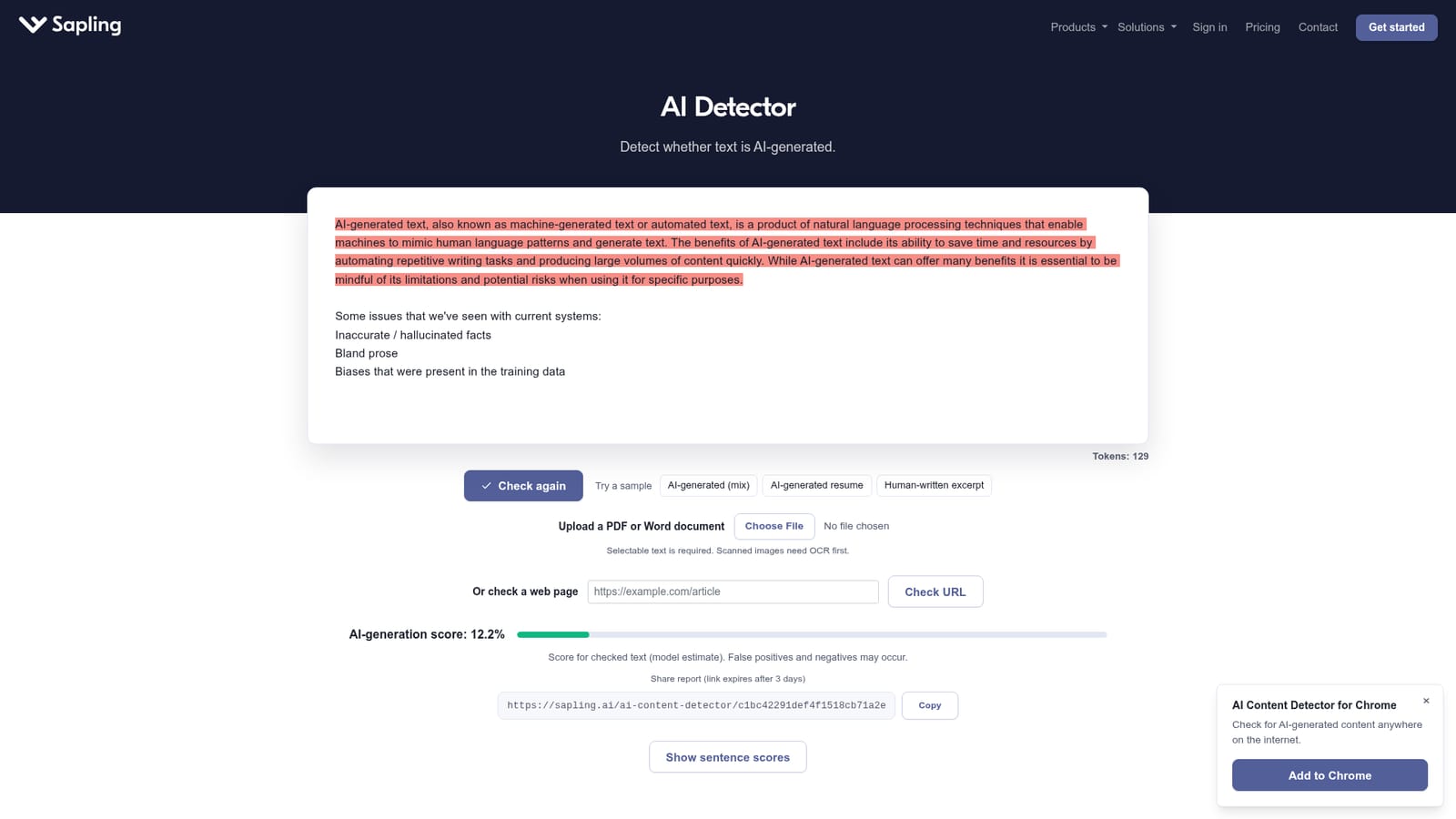 AI Detector by Sapling — Paste text, upload a file or check a URL