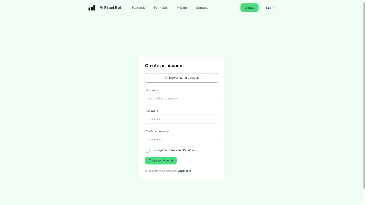 AI Excel Bot — Create an account