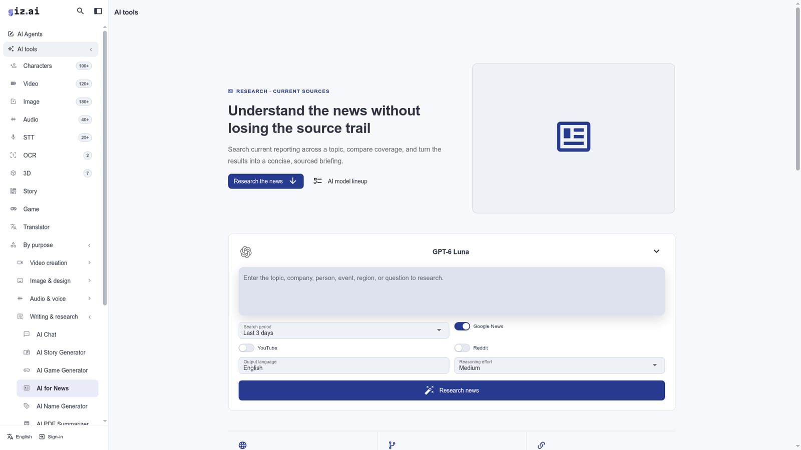 AI for News — Open the news research feature