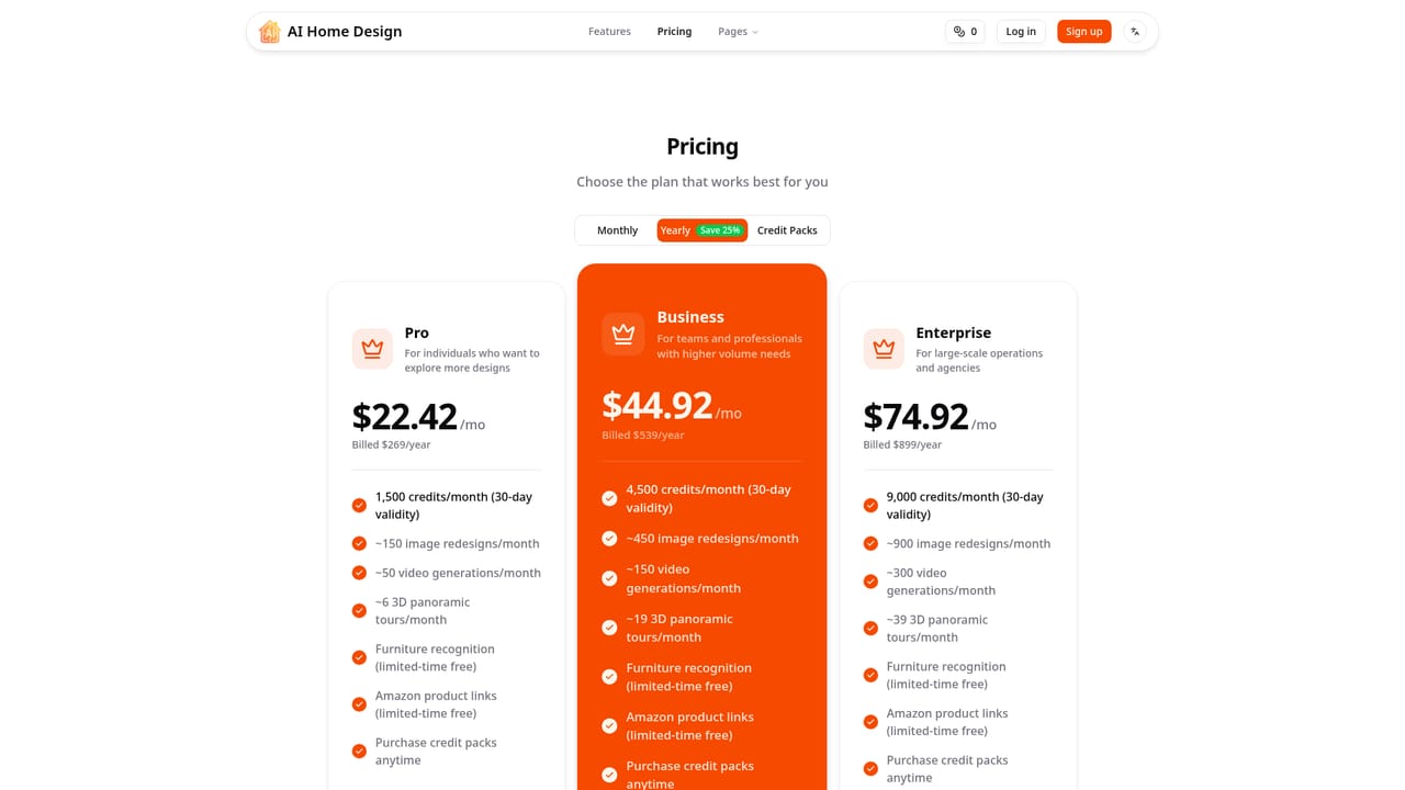 AI Home Design.io — Pick a plan or credit pack