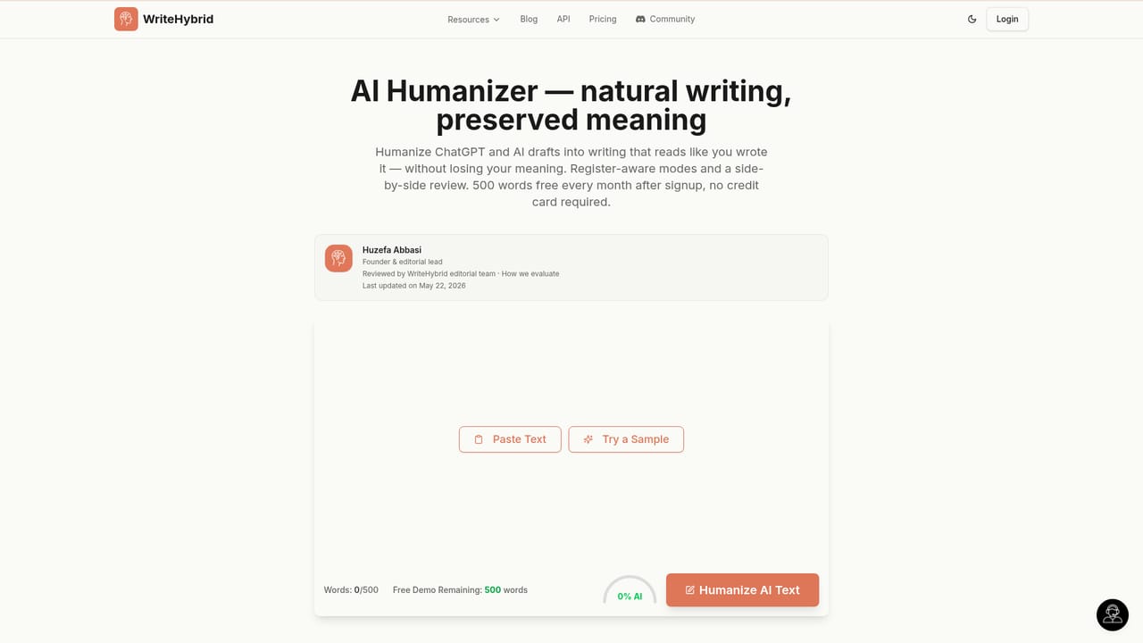 AI Humanizer by WriteHybrid — Open the humanizer and paste your draft