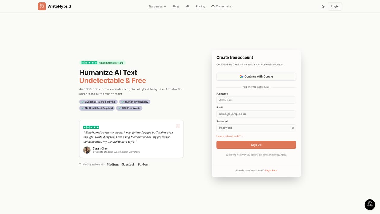 AI Humanizer by WriteHybrid — Register for the recurring free allowance