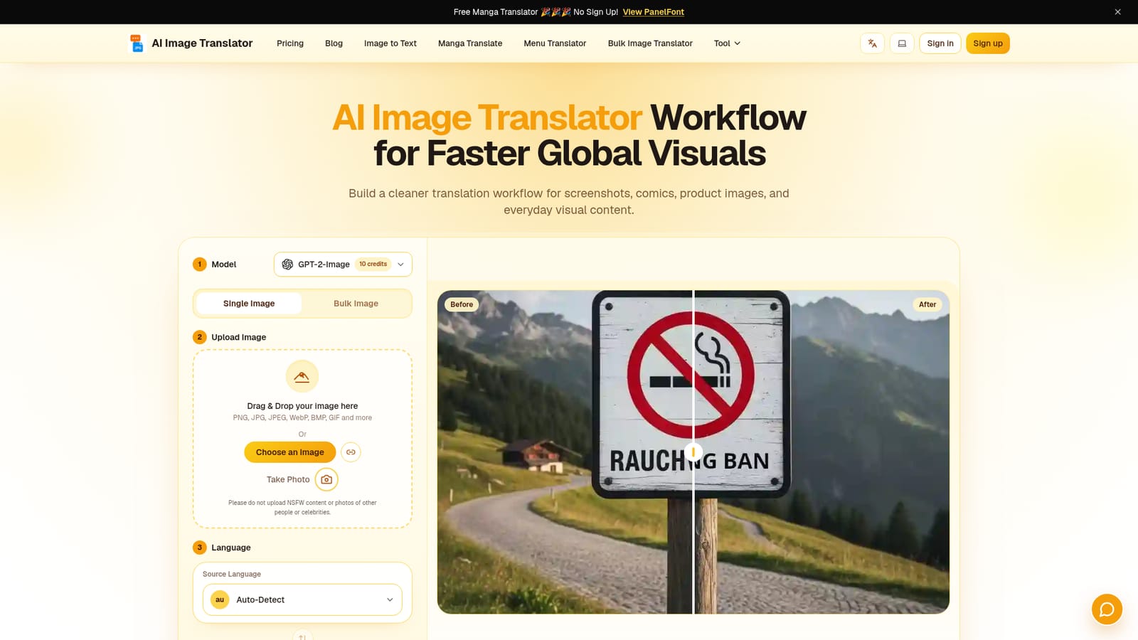 AI Image Translator.org — Pick a model and translation mode