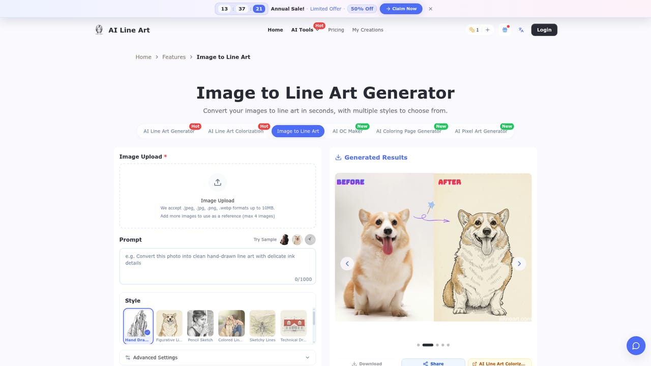 AI Line Art — Upload a photo or write a prompt