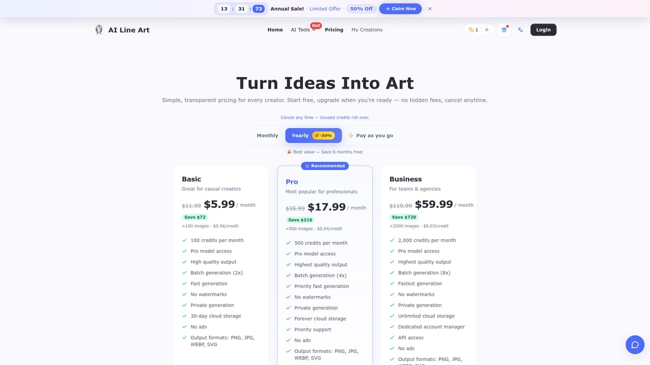AI Line Art — Choose a plan for commercial use
