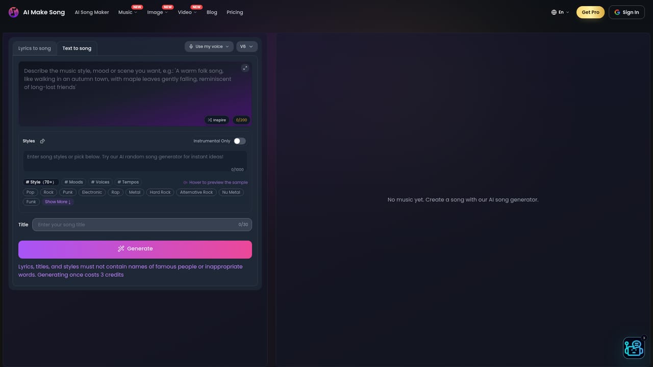 AI Make Song.com — Pick text to song or lyrics to song