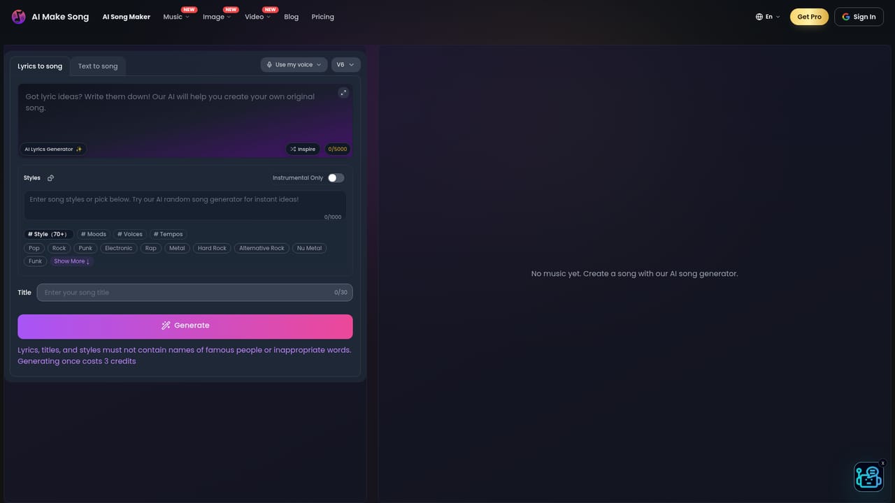 AI Make Song.com — Set style, voice and tempo