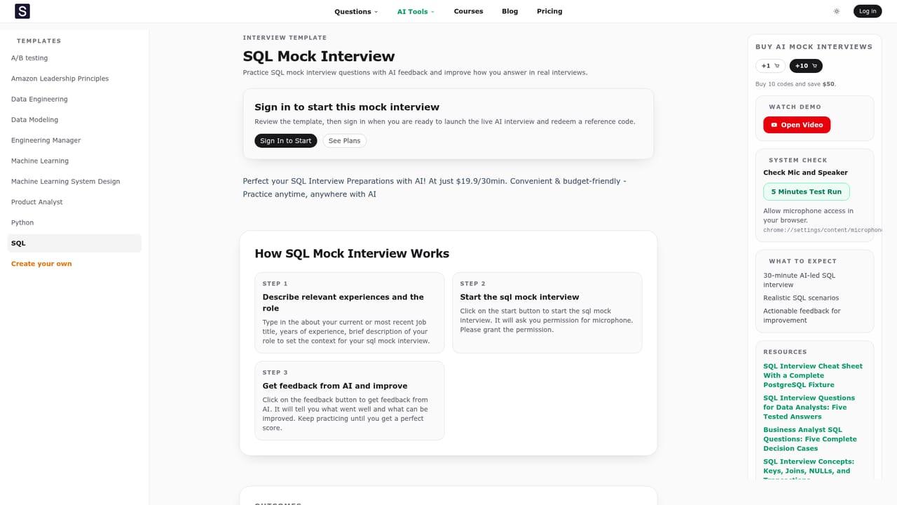 AI Mock Interview — Pick a role template