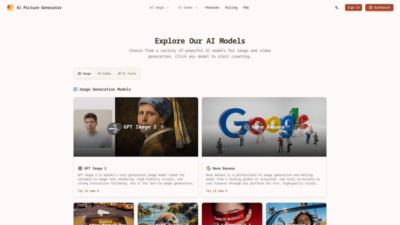 AI Picture Generator — Pick a model, ratio and style
