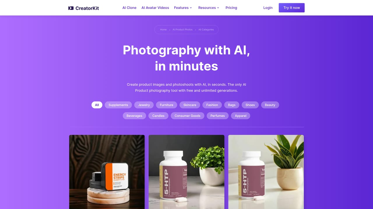 AI Product Photos by CreatorKit — Browse examples by category