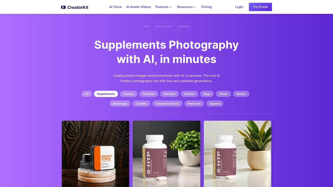 AI Product Photos by CreatorKit — Pick a starting template