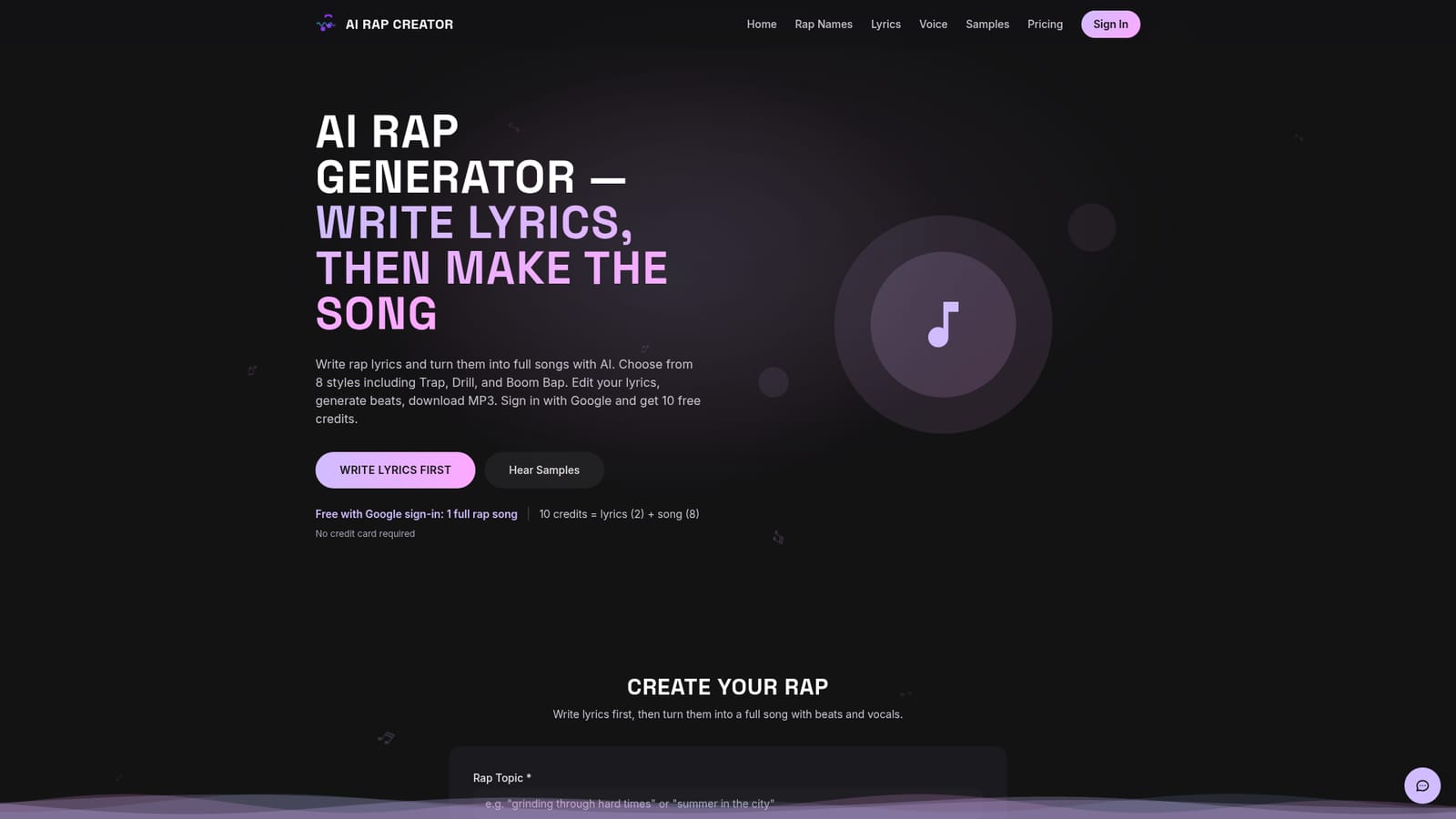 AI Rap Creator.com — Sign in and collect your starter credits