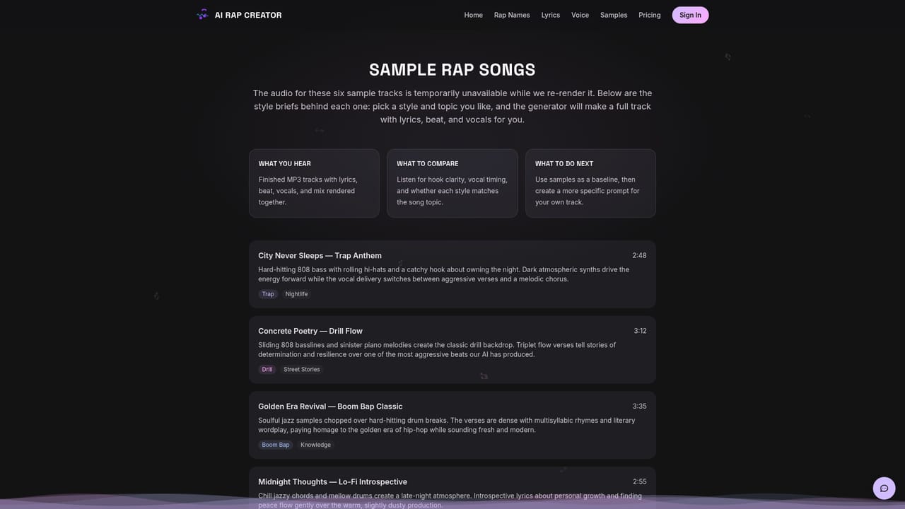 AI Rap Creator.com — Check the samples before committing credits