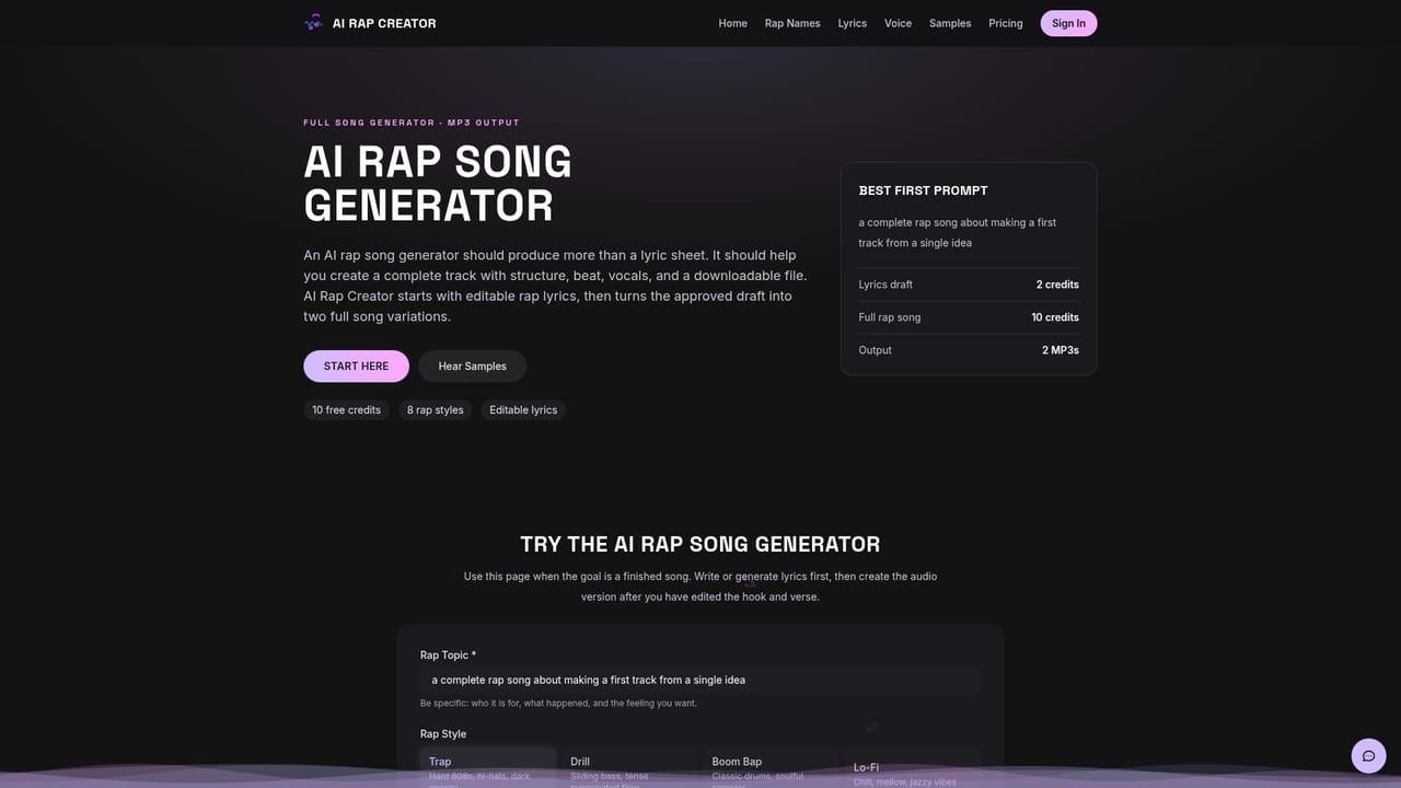 AI Rap Creator.com — Render the song and pick a variation