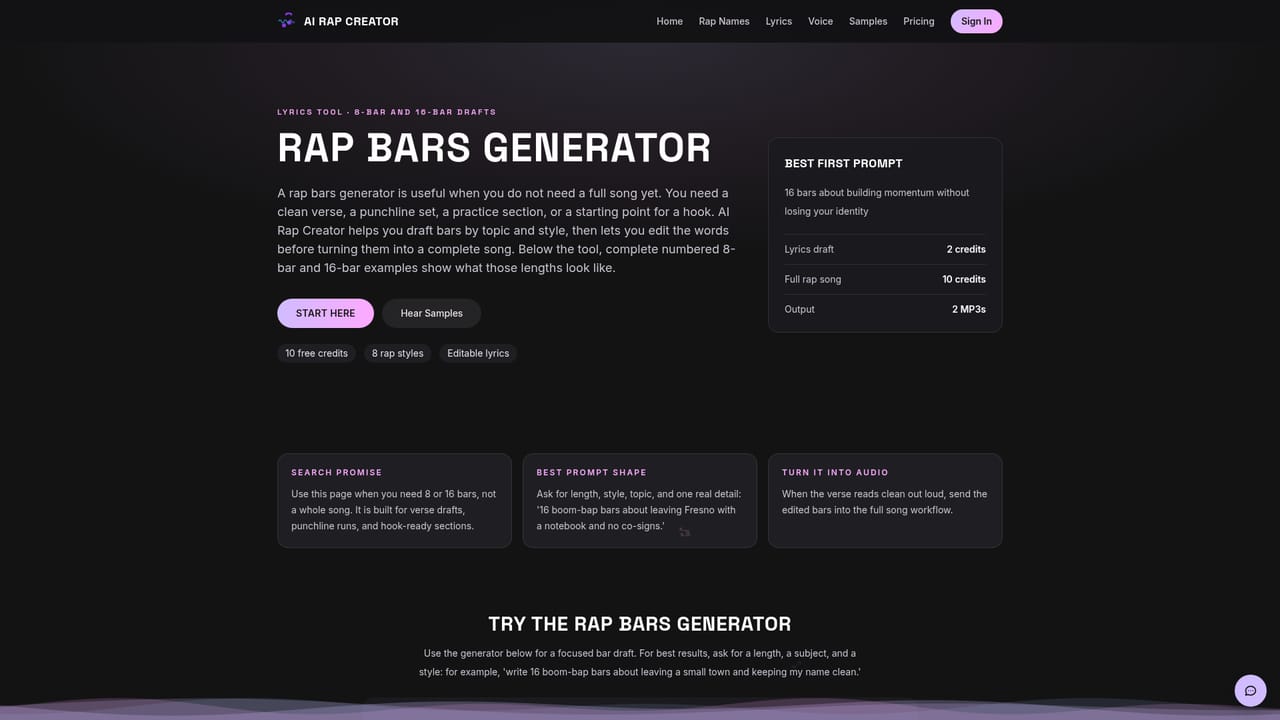AI Rap Creator.com — Try a narrower generator when you need one piece