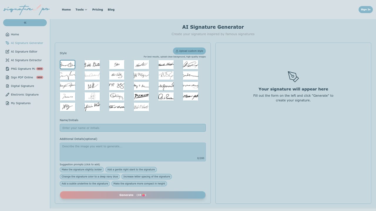AI Signature Generator Pro — Open the signature generator