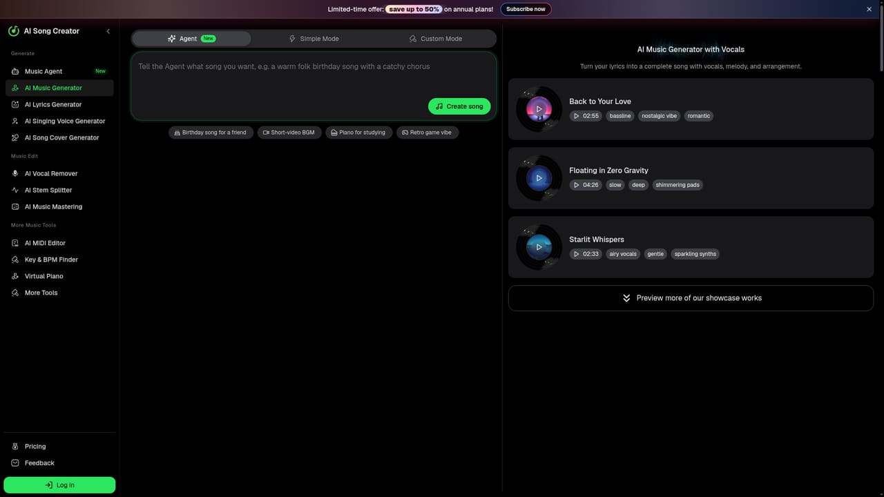 AI Song Creator.app — Pick a genre or open the main generator