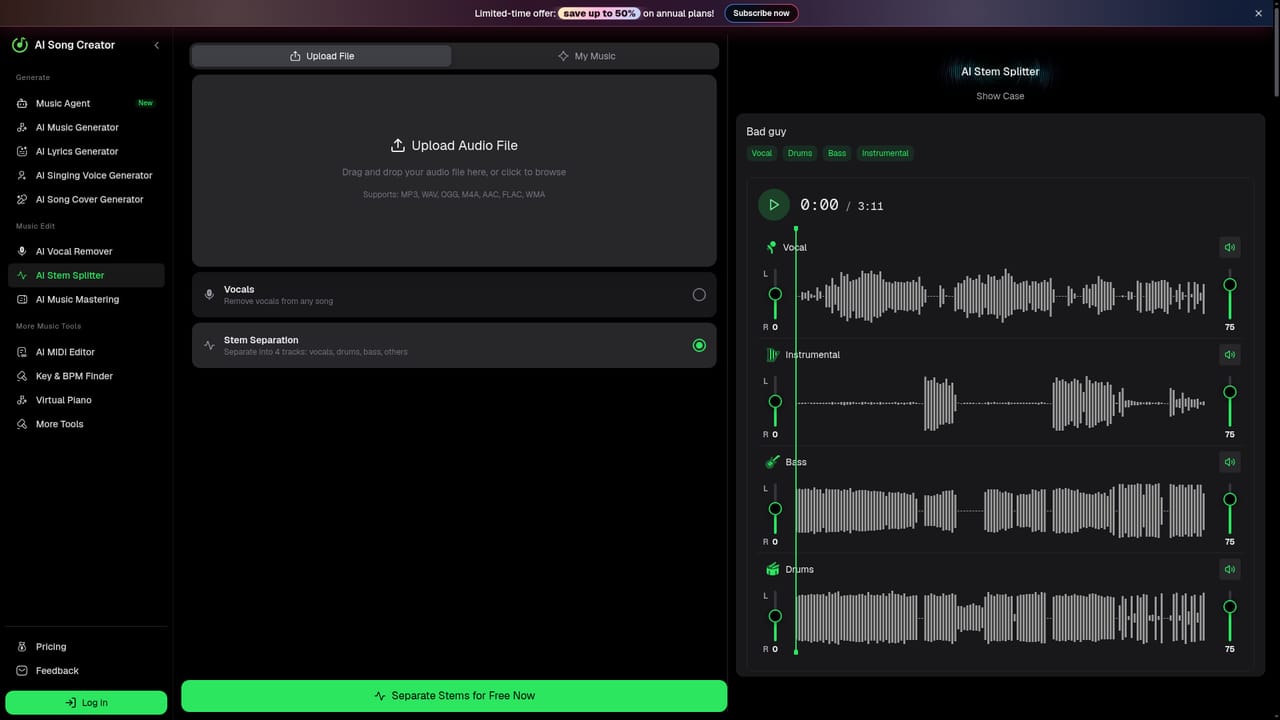 AI Song Creator.app — Split stems or isolate the vocal