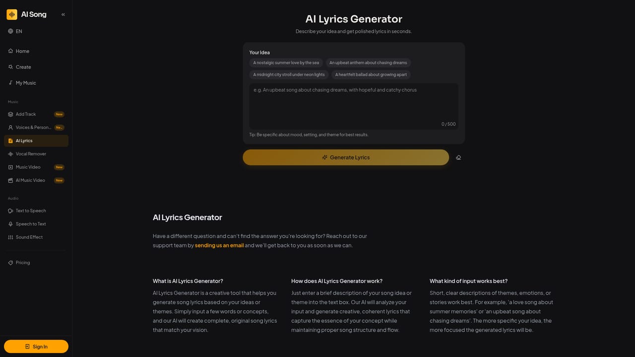 AI Song Generator — Draft lyrics first if words matter