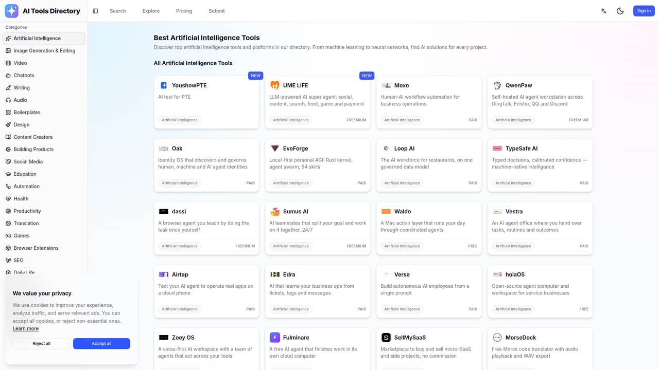 AI Tools Directory - 500+ Best Free AI Tools — Browse by category