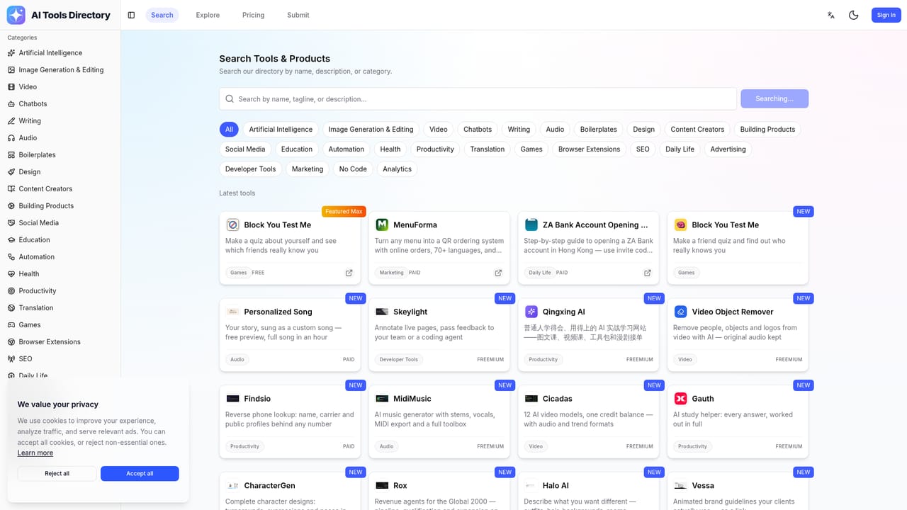 AI Tools Directory - 500+ Best Free AI Tools — Search for a specific tool