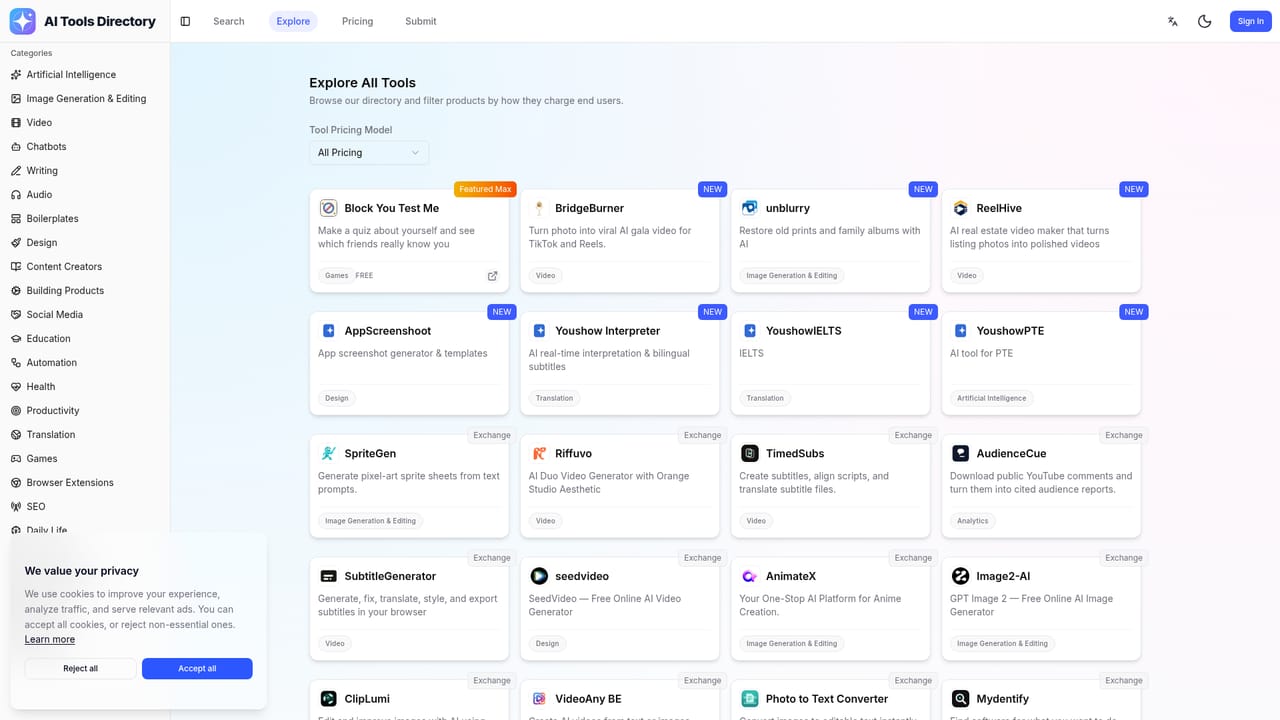 AI Tools Directory - 500+ Best Free AI Tools — Explore featured and new tools