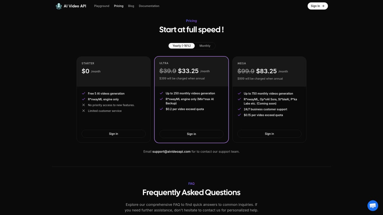 AI Video API — Review the plan options