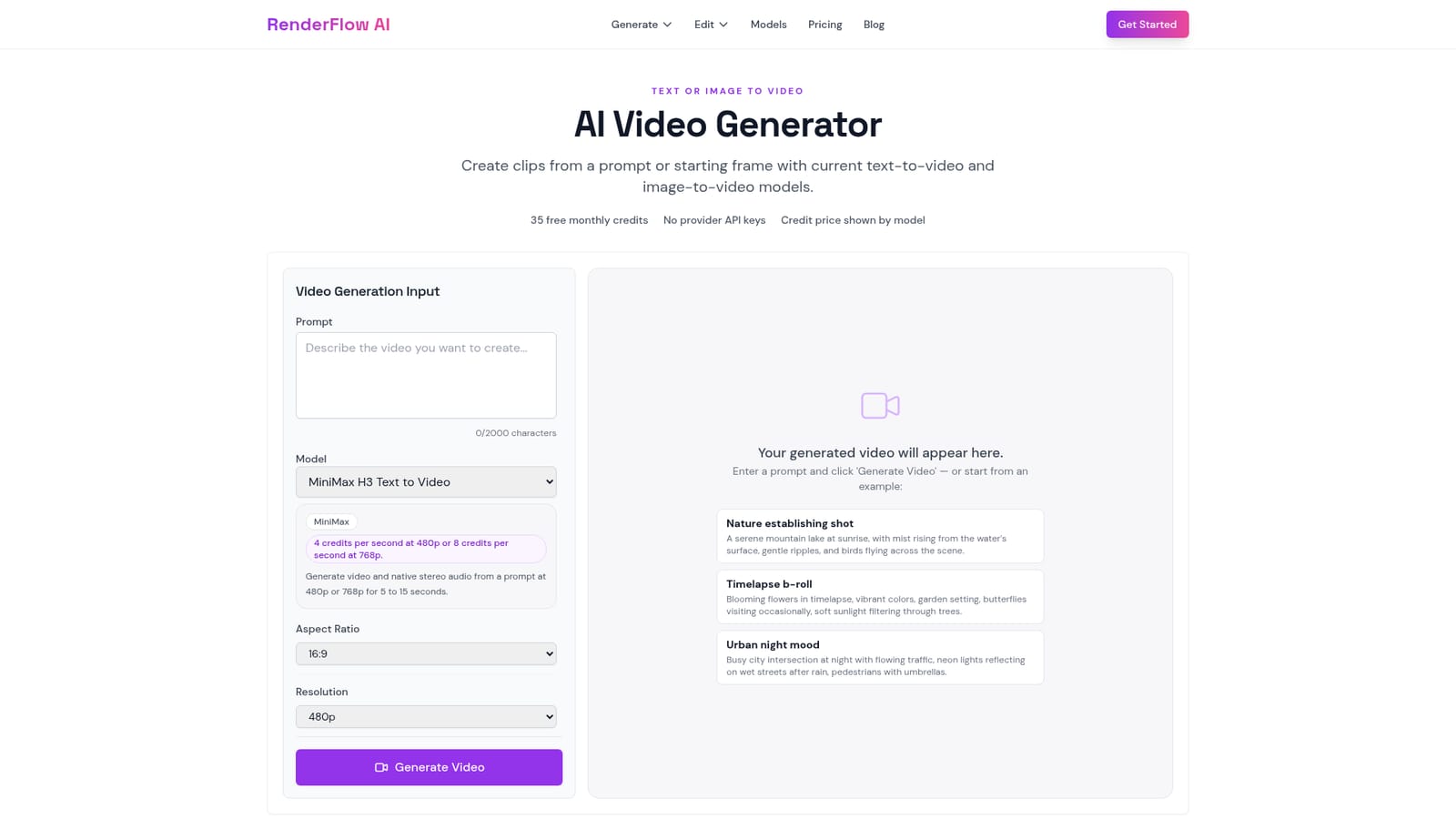 AI Video Generator by RenderFlow AI — Pick your input type