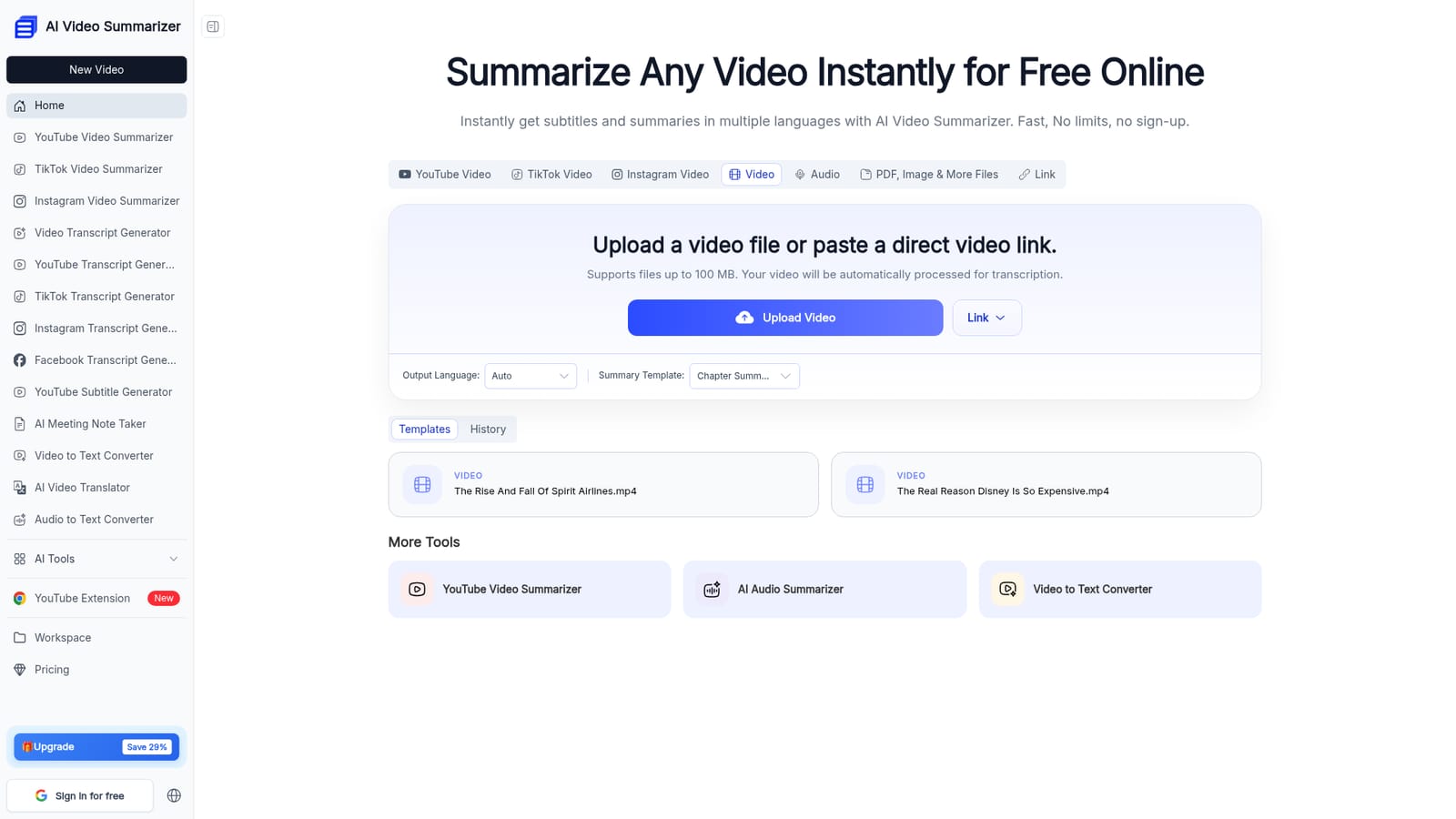 AI Video Summarizer.io — Open the summarizer and pick an input method