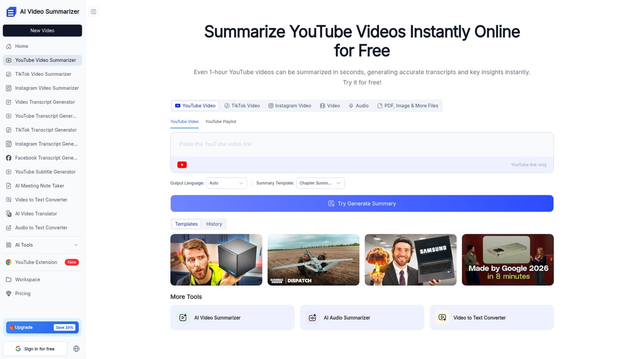 AI Video Summarizer.io — Use a dedicated page for platform specific jobs