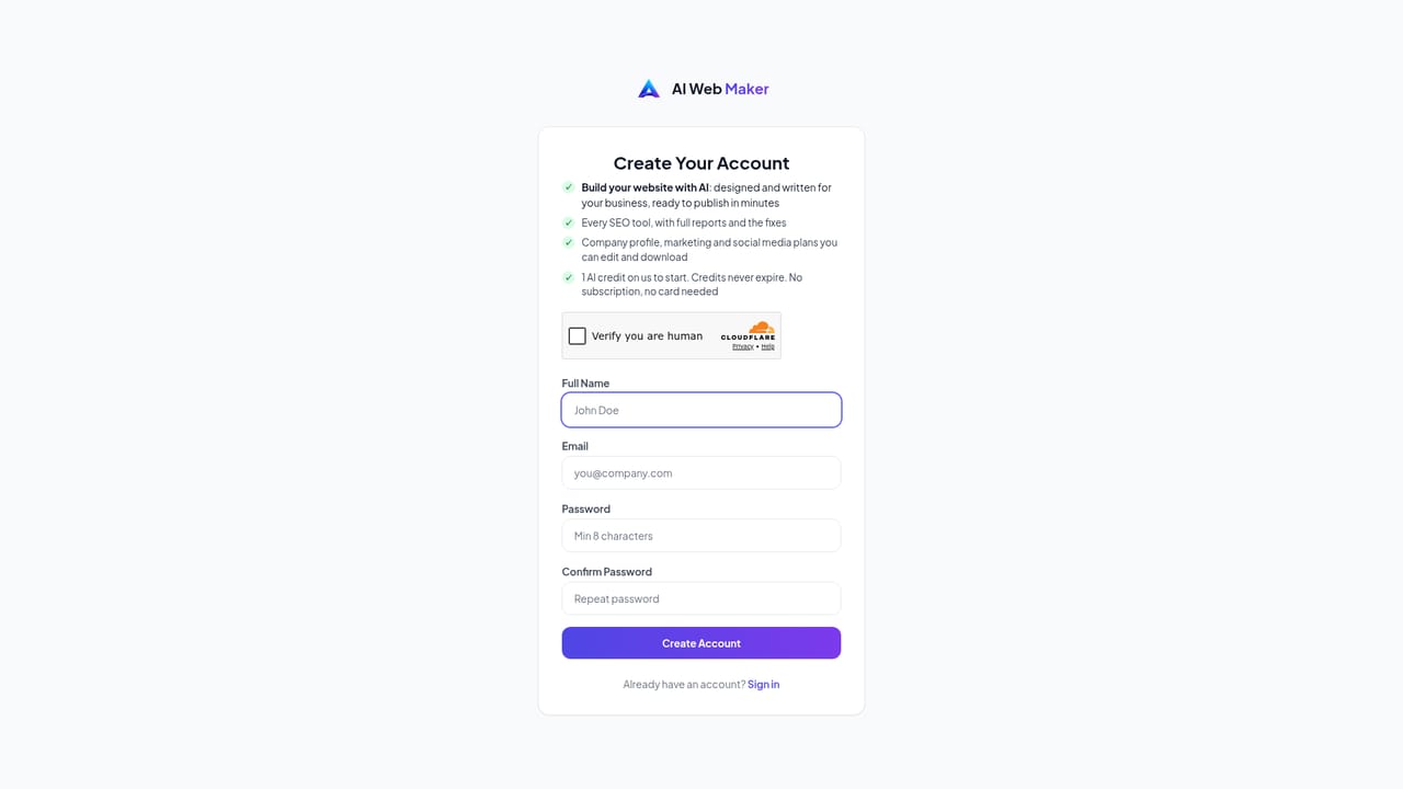 AI Web Maker — Create an account