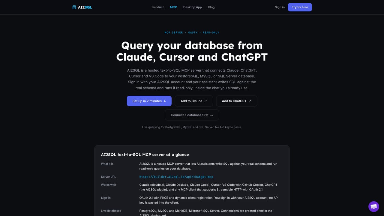 AI2SQL — Ask your database from your existing AI client