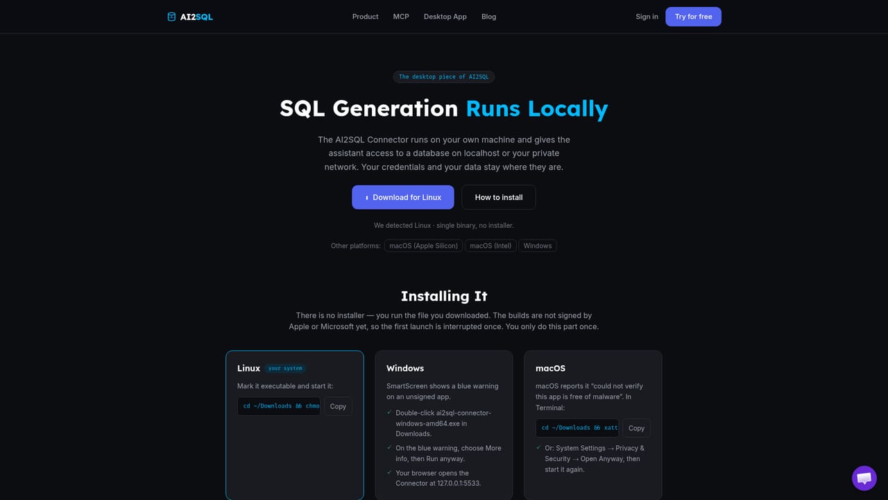 AI2SQL — Run the connector next to a private database