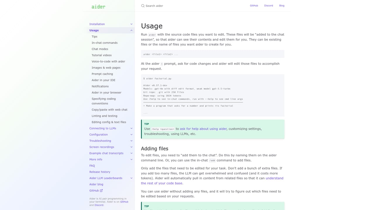 Aider Chat — Describe a change in chat