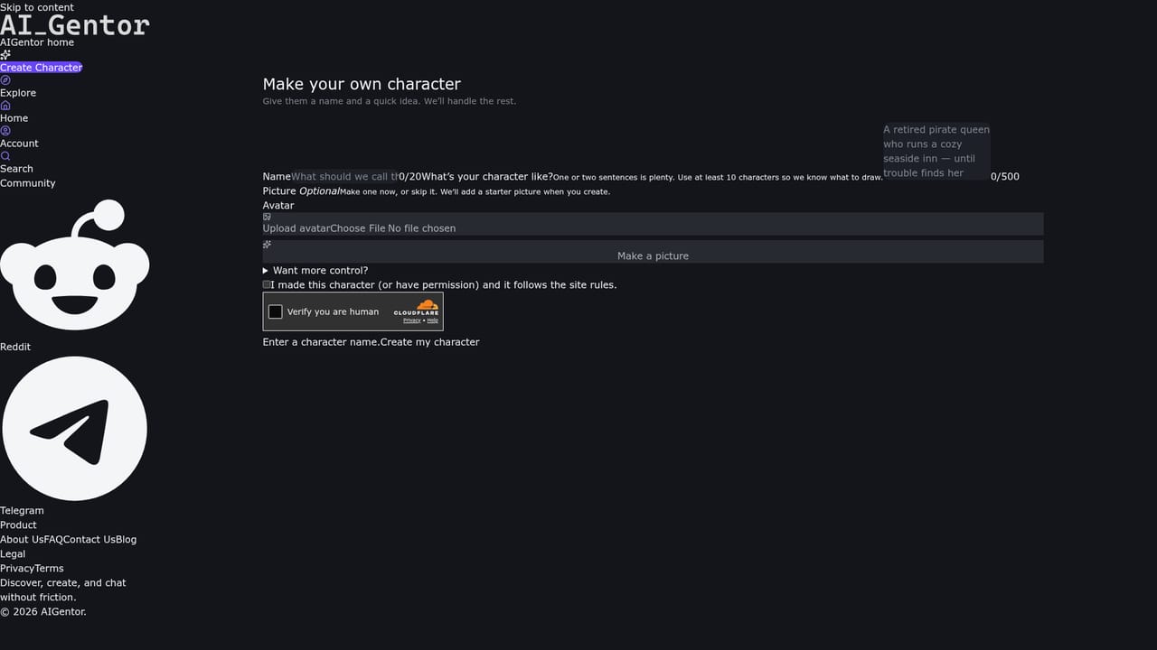 AIgentor — Create a new character anonymously