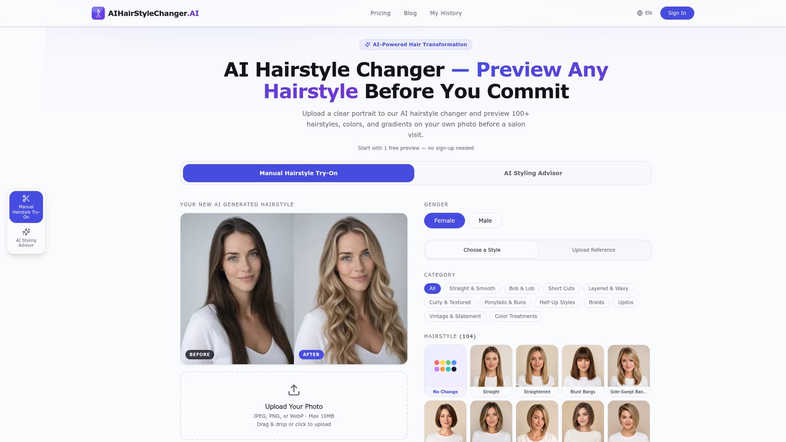 AIHairstyleChanger.AI — Upload a front facing portrait