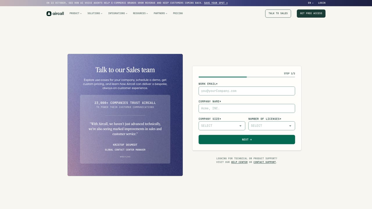 Aircall — Review performance and talk to sales