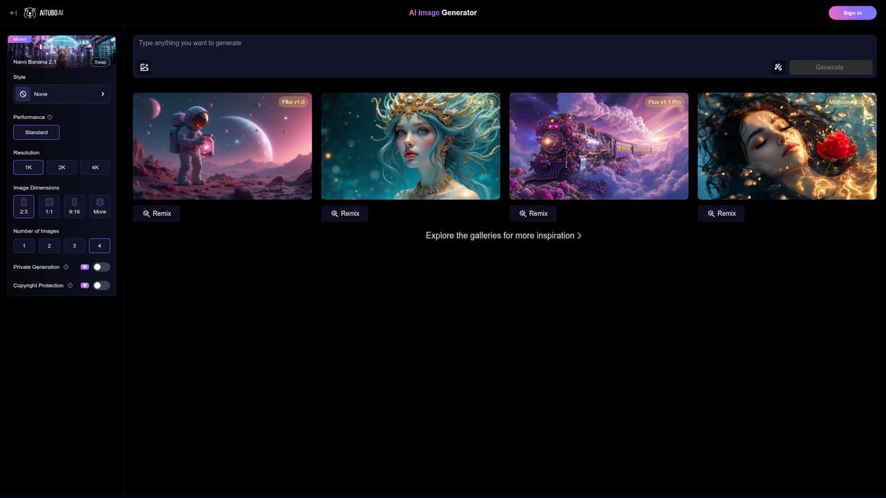 Aitubo — Open the image generator and pick a model