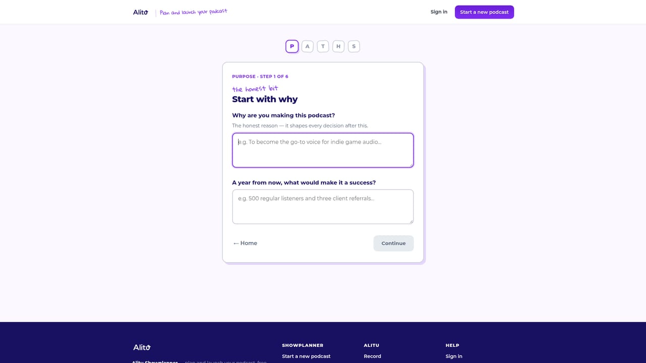 Alitu Showplanner — Start a new podcast plan