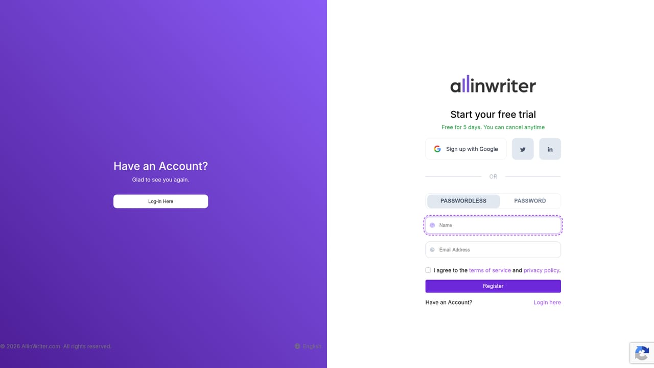 AllinWriter — Create your account