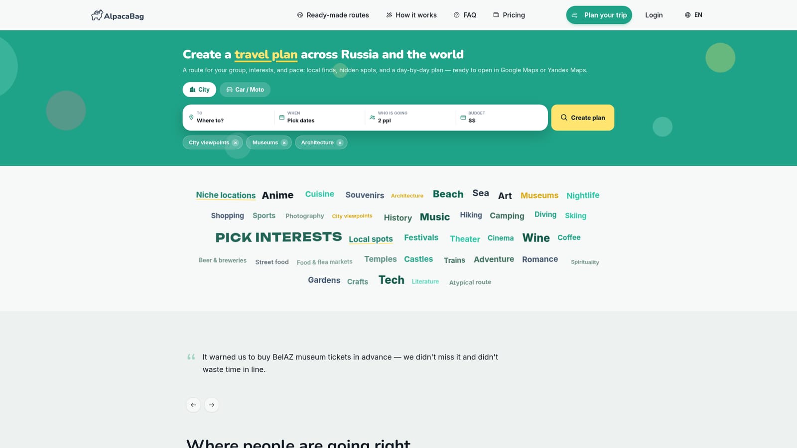 AlpacaBag — Enter your destination and travel details